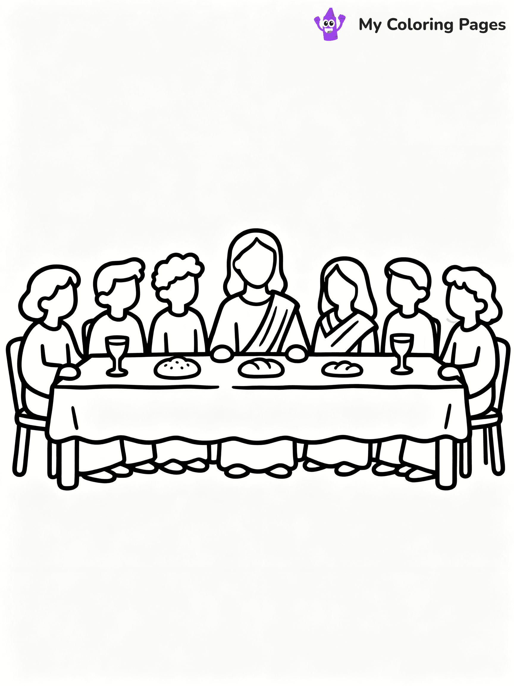 ⚠️ CRITICAL REQUIREMENT - ABSOLUTE BLACK AND WHITE ONLY ⚠️
This MUST be a BLACK AND WHITE line drawing ONLY. NO COLORS whatsoever.
- ONLY pure black lines (#000000) on pure white background (#FFFFFF)
- ABSOLUTELY NO colors, NO shading, NO gradients, NO grayscale
- If there are ANY colors in the output, the image is REJECTED
- This is a COLORING PAGE - meant to be COLORED IN by children
- The output must be UNCOLORED line art ready for coloring
⚠️ SUBJECT TO DRAW: Jesus at the Last Supper, sitting with disciples at a table, in traditional Biblical art style, bread and wine present.
(REMEMBER: Output must be BLACK AND WHITE line art only, NOT colored!)
# COLORING PAGE: BLACK OUTLINES ONLY - WHITE BACKGROUND MANDATORY
Create a **coloring book page** using EXACTLY two values: black lines, white space.
## NON-NEGOTIABLE BINARY RULES
- **ONLY #000000 (black) and #FFFFFF (white)** - NO other values exist
- **EVERY PIXEL = BLACK OR WHITE** - no gray/shading/antialiasing
- **WHITE BACKGROUND MANDATORY** - entire canvas stays white
- **ALL SHAPES HOLLOW** - everything is empty outlines waiting to be colored
- **FORBIDDEN:** fills, shading, gradients, patterns, textures, colors
- **NO SOLID REGIONS** - if it's not a thin line, it's wrong
## Universal Line Standards
- Black outlines ONLY - thin, uniform weight
- Every shape completely empty inside
- Closed contours suitable for coloring
- Simple flat illustration - zero depth/3D/realism
- **Style:** Whimsical Doodle Art Alley - rounded, friendly outlines (unless specified)
## Everything = Outline Only
- Characters/animals: hollow shapes
- Objects/clothing: empty contours
- Backgrounds/scenery: line work only
- Natural elements: outlined forms
- Dark/night areas: don't exist (use outlined symbols)
- Textures/patterns: convert to simple lines
## The Test
Can a child color EVERY white space with crayons? If any area is pre-filled/shaded/gray or colored in, it FAILS. Every shape must be waiting to receive color.
**FINAL OUTPUT**: Binary coloring page. Black lines define shapes. White spaces ready for coloring. Nothing else exists. No exceptions. Print-ready.
⚠️ FINAL REMINDER: Draw the subject "Jesus at the Last Supper, sitting with disciples at a table, in traditional Biblical art style, bread and wine present." as BLACK AND WHITE line art. Zero colors in output.