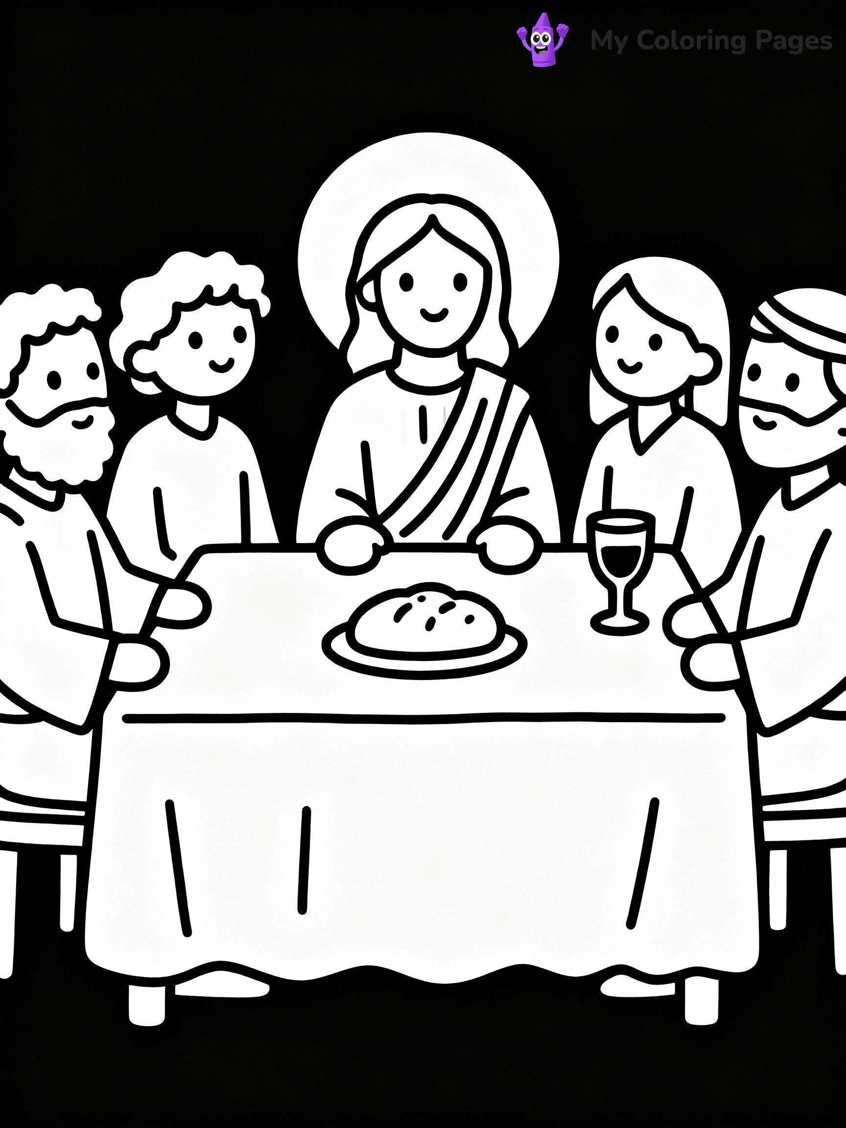 ⚠️ CRITICAL REQUIREMENT - ABSOLUTE BLACK AND WHITE ONLY ⚠️
This MUST be a BLACK AND WHITE line drawing ONLY. NO COLORS whatsoever.
- ONLY pure black lines (#000000) on pure white background (#FFFFFF)
- ABSOLUTELY NO colors, NO shading, NO gradients, NO grayscale
- If there are ANY colors in the output, the image is REJECTED
- This is a COLORING PAGE - meant to be COLORED IN by children
- The output must be UNCOLORED line art ready for coloring
⚠️ SUBJECT TO DRAW: Jesus at the Last Supper, sitting with disciples at a table, in traditional Biblical art style, bread and wine present.
(REMEMBER: Output must be BLACK AND WHITE line art only, NOT colored!)
# COLORING PAGE: BLACK OUTLINES ONLY - WHITE BACKGROUND MANDATORY
Create a **coloring book page** using EXACTLY two values: black lines, white space.
## NON-NEGOTIABLE BINARY RULES
- **ONLY #000000 (black) and #FFFFFF (white)** - NO other values exist
- **EVERY PIXEL = BLACK OR WHITE** - no gray/shading/antialiasing
- **WHITE BACKGROUND MANDATORY** - entire canvas stays white
- **ALL SHAPES HOLLOW** - everything is empty outlines waiting to be colored
- **FORBIDDEN:** fills, shading, gradients, patterns, textures, colors
- **NO SOLID REGIONS** - if it's not a thin line, it's wrong
## Universal Line Standards
- Black outlines ONLY - thin, uniform weight
- Every shape completely empty inside
- Closed contours suitable for coloring
- Simple flat illustration - zero depth/3D/realism
- **Style:** Whimsical Doodle Art Alley - rounded, friendly outlines (unless specified)
## Everything = Outline Only
- Characters/animals: hollow shapes
- Objects/clothing: empty contours
- Backgrounds/scenery: line work only
- Natural elements: outlined forms
- Dark/night areas: don't exist (use outlined symbols)
- Textures/patterns: convert to simple lines
## The Test
Can a child color EVERY white space with crayons? If any area is pre-filled/shaded/gray or colored in, it FAILS. Every shape must be waiting to receive color.
**FINAL OUTPUT**: Binary coloring page. Black lines define shapes. White spaces ready for coloring. Nothing else exists. No exceptions. Print-ready.
⚠️ FINAL REMINDER: Draw the subject "Jesus at the Last Supper, sitting with disciples at a table, in traditional Biblical art style, bread and wine present." as BLACK AND WHITE line art. Zero colors in output.