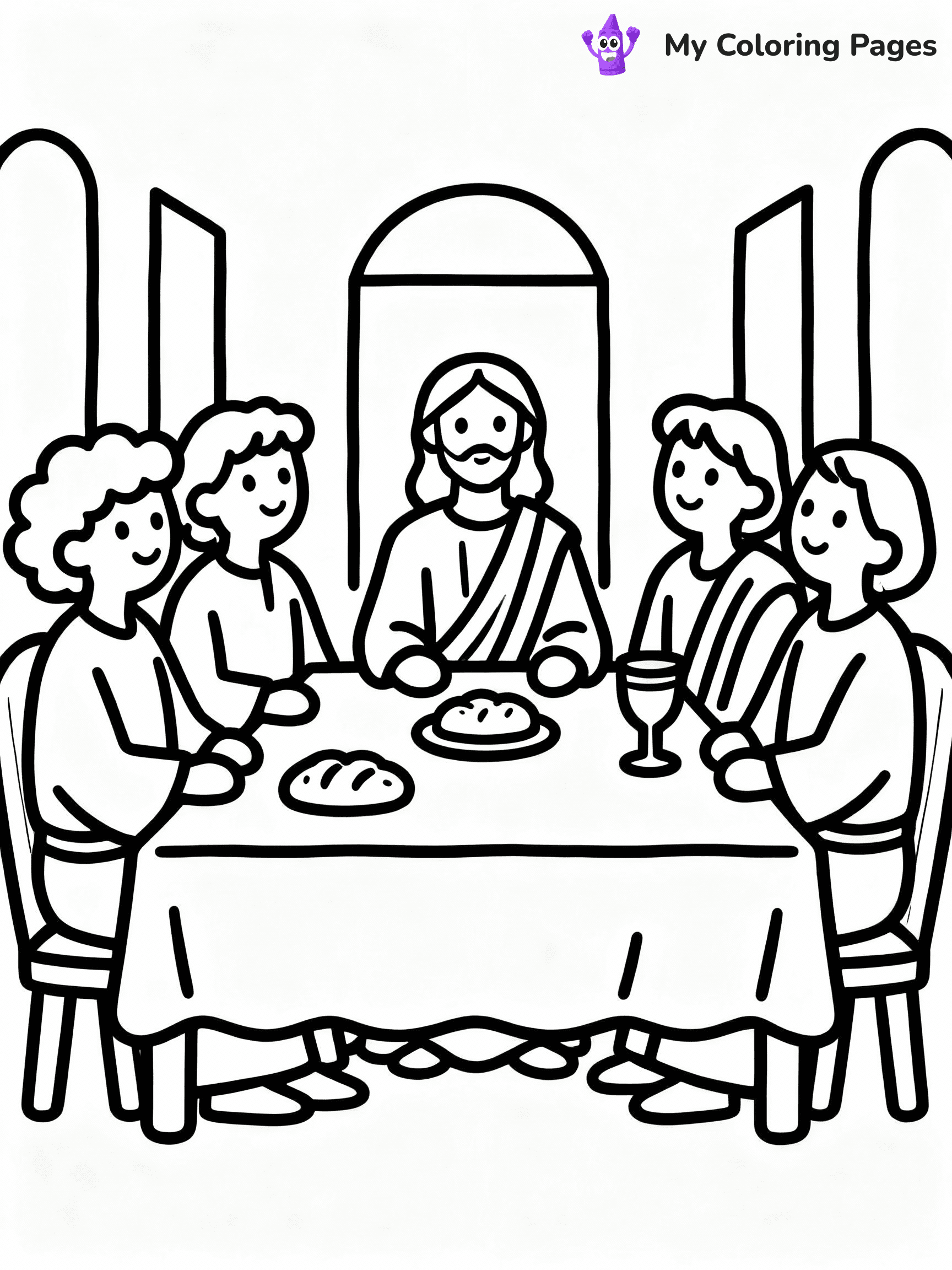 ⚠️ CRITICAL REQUIREMENT - ABSOLUTE BLACK AND WHITE ONLY ⚠️
This MUST be a BLACK AND WHITE line drawing ONLY. NO COLORS whatsoever.
- ONLY pure black lines (#000000) on pure white background (#FFFFFF)
- ABSOLUTELY NO colors, NO shading, NO gradients, NO grayscale
- If there are ANY colors in the output, the image is REJECTED
- This is a COLORING PAGE - meant to be COLORED IN by children
- The output must be UNCOLORED line art ready for coloring
⚠️ SUBJECT TO DRAW: Jesus at the Last Supper, sitting with disciples at a table, in traditional Biblical art style, bread and wine present.
(REMEMBER: Output must be BLACK AND WHITE line art only, NOT colored!)
# COLORING PAGE: BLACK OUTLINES ONLY - WHITE BACKGROUND MANDATORY
Create a **coloring book page** using EXACTLY two values: black lines, white space.
## NON-NEGOTIABLE BINARY RULES
- **ONLY #000000 (black) and #FFFFFF (white)** - NO other values exist
- **EVERY PIXEL = BLACK OR WHITE** - no gray/shading/antialiasing
- **WHITE BACKGROUND MANDATORY** - entire canvas stays white
- **ALL SHAPES HOLLOW** - everything is empty outlines waiting to be colored
- **FORBIDDEN:** fills, shading, gradients, patterns, textures, colors
- **NO SOLID REGIONS** - if it's not a thin line, it's wrong
## Universal Line Standards
- Black outlines ONLY - thin, uniform weight
- Every shape completely empty inside
- Closed contours suitable for coloring
- Simple flat illustration - zero depth/3D/realism
- **Style:** Whimsical Doodle Art Alley - rounded, friendly outlines (unless specified)
## Everything = Outline Only
- Characters/animals: hollow shapes
- Objects/clothing: empty contours
- Backgrounds/scenery: line work only
- Natural elements: outlined forms
- Dark/night areas: don't exist (use outlined symbols)
- Textures/patterns: convert to simple lines
## The Test
Can a child color EVERY white space with crayons? If any area is pre-filled/shaded/gray or colored in, it FAILS. Every shape must be waiting to receive color.
**FINAL OUTPUT**: Binary coloring page. Black lines define shapes. White spaces ready for coloring. Nothing else exists. No exceptions. Print-ready.
⚠️ FINAL REMINDER: Draw the subject "Jesus at the Last Supper, sitting with disciples at a table, in traditional Biblical art style, bread and wine present." as BLACK AND WHITE line art. Zero colors in output.