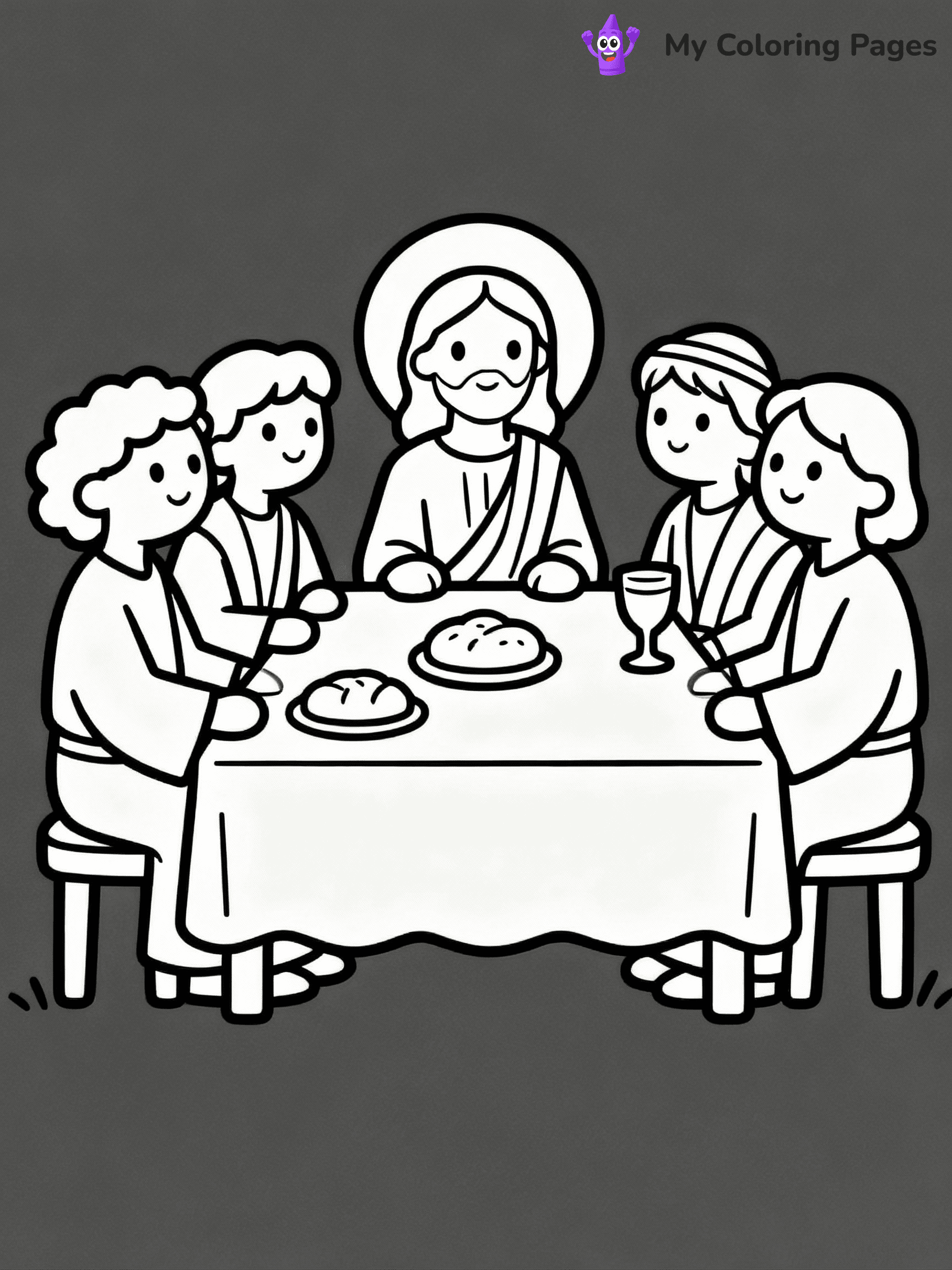 ⚠️ CRITICAL REQUIREMENT - ABSOLUTE BLACK AND WHITE ONLY ⚠️
This MUST be a BLACK AND WHITE line drawing ONLY. NO COLORS whatsoever.
- ONLY pure black lines (#000000) on pure white background (#FFFFFF)
- ABSOLUTELY NO colors, NO shading, NO gradients, NO grayscale
- If there are ANY colors in the output, the image is REJECTED
- This is a COLORING PAGE - meant to be COLORED IN by children
- The output must be UNCOLORED line art ready for coloring
⚠️ SUBJECT TO DRAW: Jesus at the Last Supper, sitting with disciples at a table, in traditional Biblical art style, bread and wine present.
(REMEMBER: Output must be BLACK AND WHITE line art only, NOT colored!)
# COLORING PAGE: BLACK OUTLINES ONLY - WHITE BACKGROUND MANDATORY
Create a **coloring book page** using EXACTLY two values: black lines, white space.
## NON-NEGOTIABLE BINARY RULES
- **ONLY #000000 (black) and #FFFFFF (white)** - NO other values exist
- **EVERY PIXEL = BLACK OR WHITE** - no gray/shading/antialiasing
- **WHITE BACKGROUND MANDATORY** - entire canvas stays white
- **ALL SHAPES HOLLOW** - everything is empty outlines waiting to be colored
- **FORBIDDEN:** fills, shading, gradients, patterns, textures, colors
- **NO SOLID REGIONS** - if it's not a thin line, it's wrong
## Universal Line Standards
- Black outlines ONLY - thin, uniform weight
- Every shape completely empty inside
- Closed contours suitable for coloring
- Simple flat illustration - zero depth/3D/realism
- **Style:** Whimsical Doodle Art Alley - rounded, friendly outlines (unless specified)
## Everything = Outline Only
- Characters/animals: hollow shapes
- Objects/clothing: empty contours
- Backgrounds/scenery: line work only
- Natural elements: outlined forms
- Dark/night areas: don't exist (use outlined symbols)
- Textures/patterns: convert to simple lines
## The Test
Can a child color EVERY white space with crayons? If any area is pre-filled/shaded/gray or colored in, it FAILS. Every shape must be waiting to receive color.
**FINAL OUTPUT**: Binary coloring page. Black lines define shapes. White spaces ready for coloring. Nothing else exists. No exceptions. Print-ready.
⚠️ FINAL REMINDER: Draw the subject "Jesus at the Last Supper, sitting with disciples at a table, in traditional Biblical art style, bread and wine present." as BLACK AND WHITE line art. Zero colors in output.