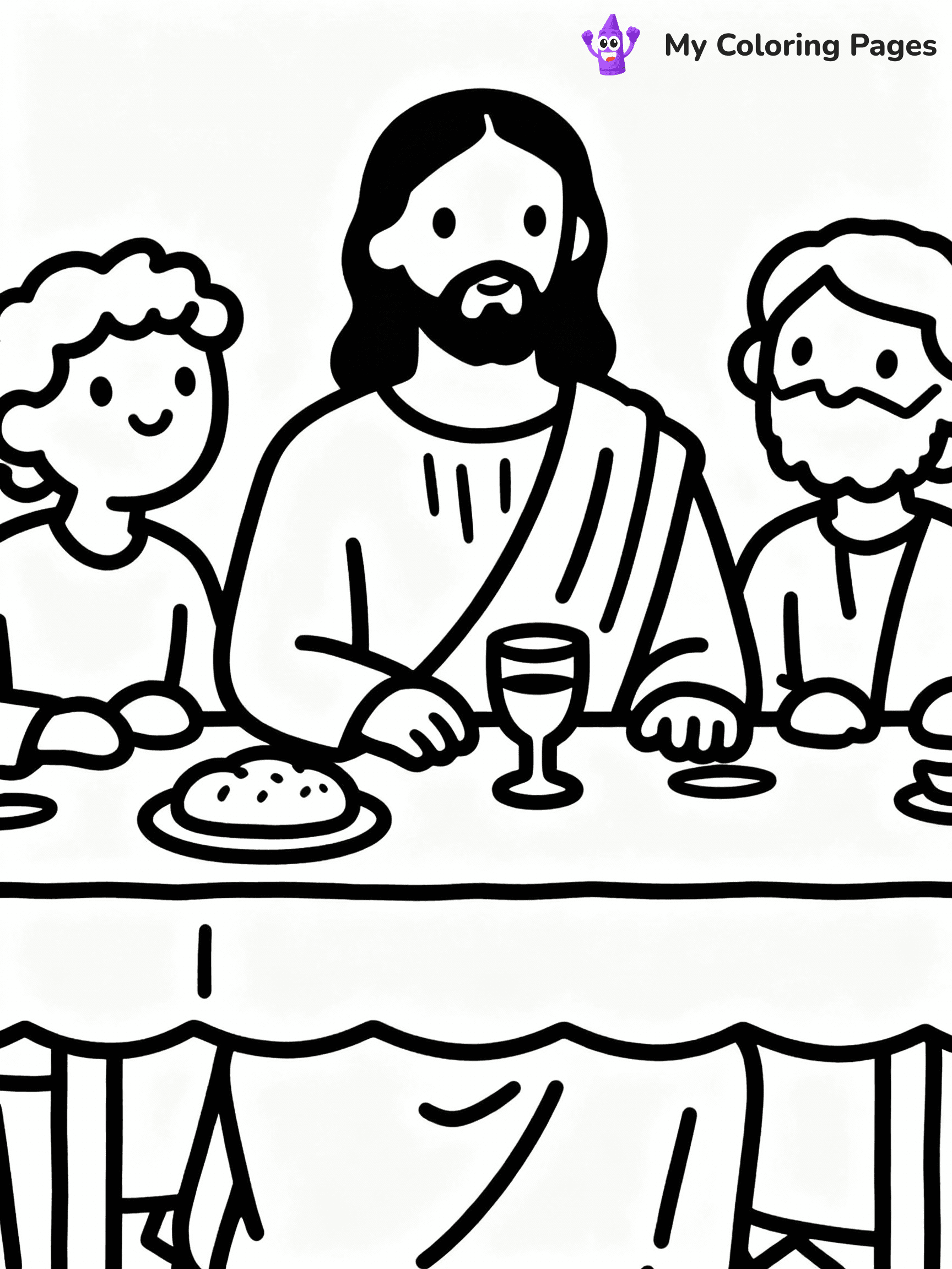 ⚠️ CRITICAL REQUIREMENT - ABSOLUTE BLACK AND WHITE ONLY ⚠️
This MUST be a BLACK AND WHITE line drawing ONLY. NO COLORS whatsoever.
- ONLY pure black lines (#000000) on pure white background (#FFFFFF)
- ABSOLUTELY NO colors, NO shading, NO gradients, NO grayscale
- If there are ANY colors in the output, the image is REJECTED
- This is a COLORING PAGE - meant to be COLORED IN by children
- The output must be UNCOLORED line art ready for coloring
⚠️ SUBJECT TO DRAW: Jesus at the Last Supper, sitting with disciples at a table, in traditional Biblical art style, bread and wine present.
(REMEMBER: Output must be BLACK AND WHITE line art only, NOT colored!)
# COLORING PAGE: BLACK OUTLINES ONLY - WHITE BACKGROUND MANDATORY
Create a **coloring book page** using EXACTLY two values: black lines, white space.
## NON-NEGOTIABLE BINARY RULES
- **ONLY #000000 (black) and #FFFFFF (white)** - NO other values exist
- **EVERY PIXEL = BLACK OR WHITE** - no gray/shading/antialiasing
- **WHITE BACKGROUND MANDATORY** - entire canvas stays white
- **ALL SHAPES HOLLOW** - everything is empty outlines waiting to be colored
- **FORBIDDEN:** fills, shading, gradients, patterns, textures, colors
- **NO SOLID REGIONS** - if it's not a thin line, it's wrong
## Universal Line Standards
- Black outlines ONLY - thin, uniform weight
- Every shape completely empty inside
- Closed contours suitable for coloring
- Simple flat illustration - zero depth/3D/realism
- **Style:** Whimsical Doodle Art Alley - rounded, friendly outlines (unless specified)
## Everything = Outline Only
- Characters/animals: hollow shapes
- Objects/clothing: empty contours
- Backgrounds/scenery: line work only
- Natural elements: outlined forms
- Dark/night areas: don't exist (use outlined symbols)
- Textures/patterns: convert to simple lines
## The Test
Can a child color EVERY white space with crayons? If any area is pre-filled/shaded/gray or colored in, it FAILS. Every shape must be waiting to receive color.
**FINAL OUTPUT**: Binary coloring page. Black lines define shapes. White spaces ready for coloring. Nothing else exists. No exceptions. Print-ready.
⚠️ FINAL REMINDER: Draw the subject "Jesus at the Last Supper, sitting with disciples at a table, in traditional Biblical art style, bread and wine present." as BLACK AND WHITE line art. Zero colors in output.