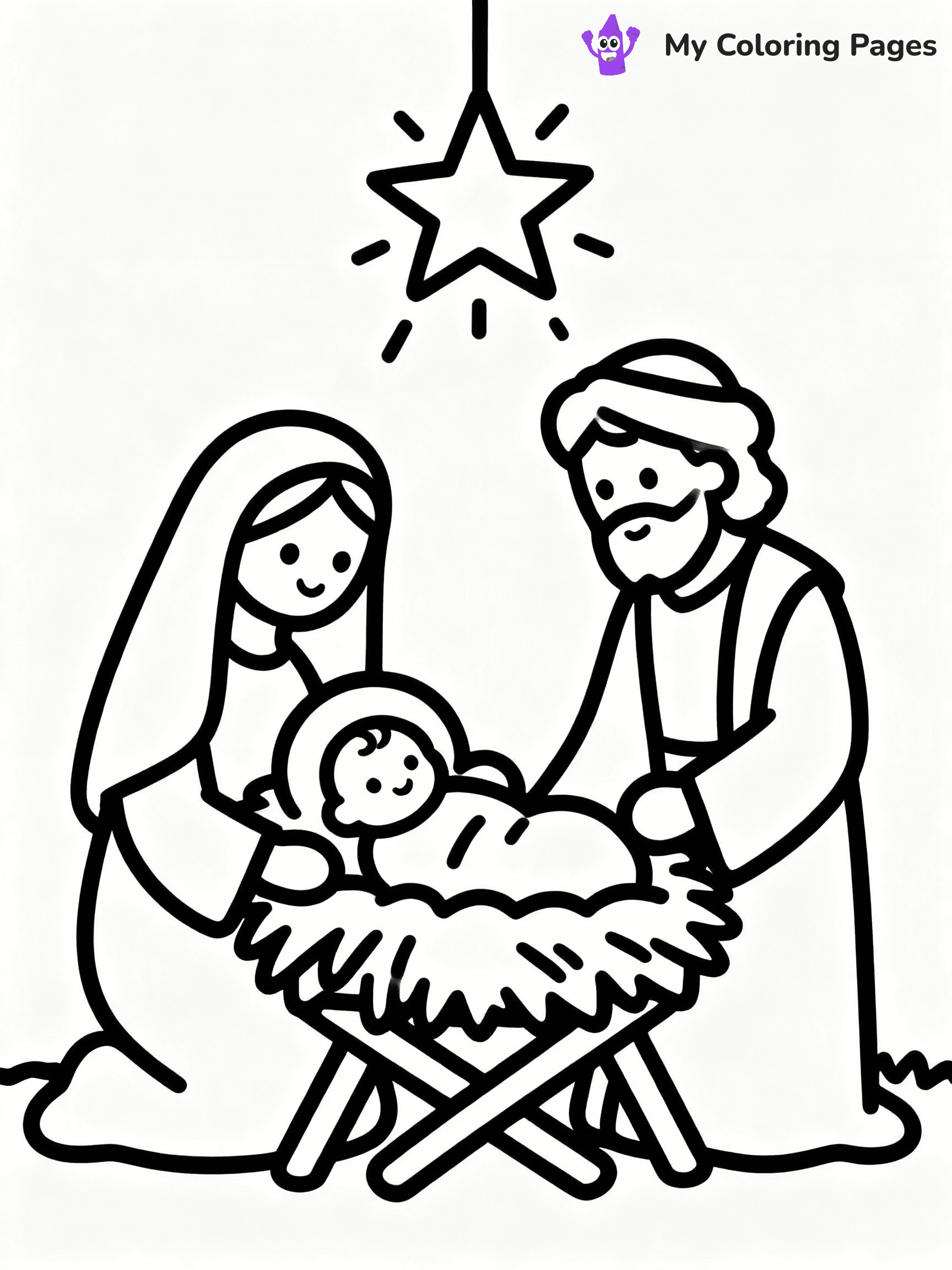 ⚠️ CRITICAL REQUIREMENT - ABSOLUTE BLACK AND WHITE ONLY ⚠️
This MUST be a BLACK AND WHITE line drawing ONLY. NO COLORS whatsoever.
- ONLY pure black lines (#000000) on pure white background (#FFFFFF)
- ABSOLUTELY NO colors, NO shading, NO gradients, NO grayscale
- If there are ANY colors in the output, the image is REJECTED
- This is a COLORING PAGE - meant to be COLORED IN by children
- The output must be UNCOLORED line art ready for coloring
⚠️ SUBJECT TO DRAW: Jesus' birth in the manger, surrounded by Mary and Joseph, in traditional Biblical art style, star shining overhead.
(REMEMBER: Output must be BLACK AND WHITE line art only, NOT colored!)
# COLORING PAGE: BLACK OUTLINES ONLY - WHITE BACKGROUND MANDATORY
Create a **coloring book page** using EXACTLY two values: black lines, white space.
## NON-NEGOTIABLE BINARY RULES
- **ONLY #000000 (black) and #FFFFFF (white)** - NO other values exist
- **EVERY PIXEL = BLACK OR WHITE** - no gray/shading/antialiasing
- **WHITE BACKGROUND MANDATORY** - entire canvas stays white
- **ALL SHAPES HOLLOW** - everything is empty outlines waiting to be colored
- **FORBIDDEN:** fills, shading, gradients, patterns, textures, colors
- **NO SOLID REGIONS** - if it's not a thin line, it's wrong
## Universal Line Standards
- Black outlines ONLY - thin, uniform weight
- Every shape completely empty inside
- Closed contours suitable for coloring
- Simple flat illustration - zero depth/3D/realism
- **Style:** Whimsical Doodle Art Alley - rounded, friendly outlines (unless specified)
## Everything = Outline Only
- Characters/animals: hollow shapes
- Objects/clothing: empty contours
- Backgrounds/scenery: line work only
- Natural elements: outlined forms
- Dark/night areas: don't exist (use outlined symbols)
- Textures/patterns: convert to simple lines
## The Test
Can a child color EVERY white space with crayons? If any area is pre-filled/shaded/gray or colored in, it FAILS. Every shape must be waiting to receive color.
**FINAL OUTPUT**: Binary coloring page. Black lines define shapes. White spaces ready for coloring. Nothing else exists. No exceptions. Print-ready.
⚠️ FINAL REMINDER: Draw the subject "Jesus' birth in the manger, surrounded by Mary and Joseph, in traditional Biblical art style, star shining overhead." as BLACK AND WHITE line art. Zero colors in output.