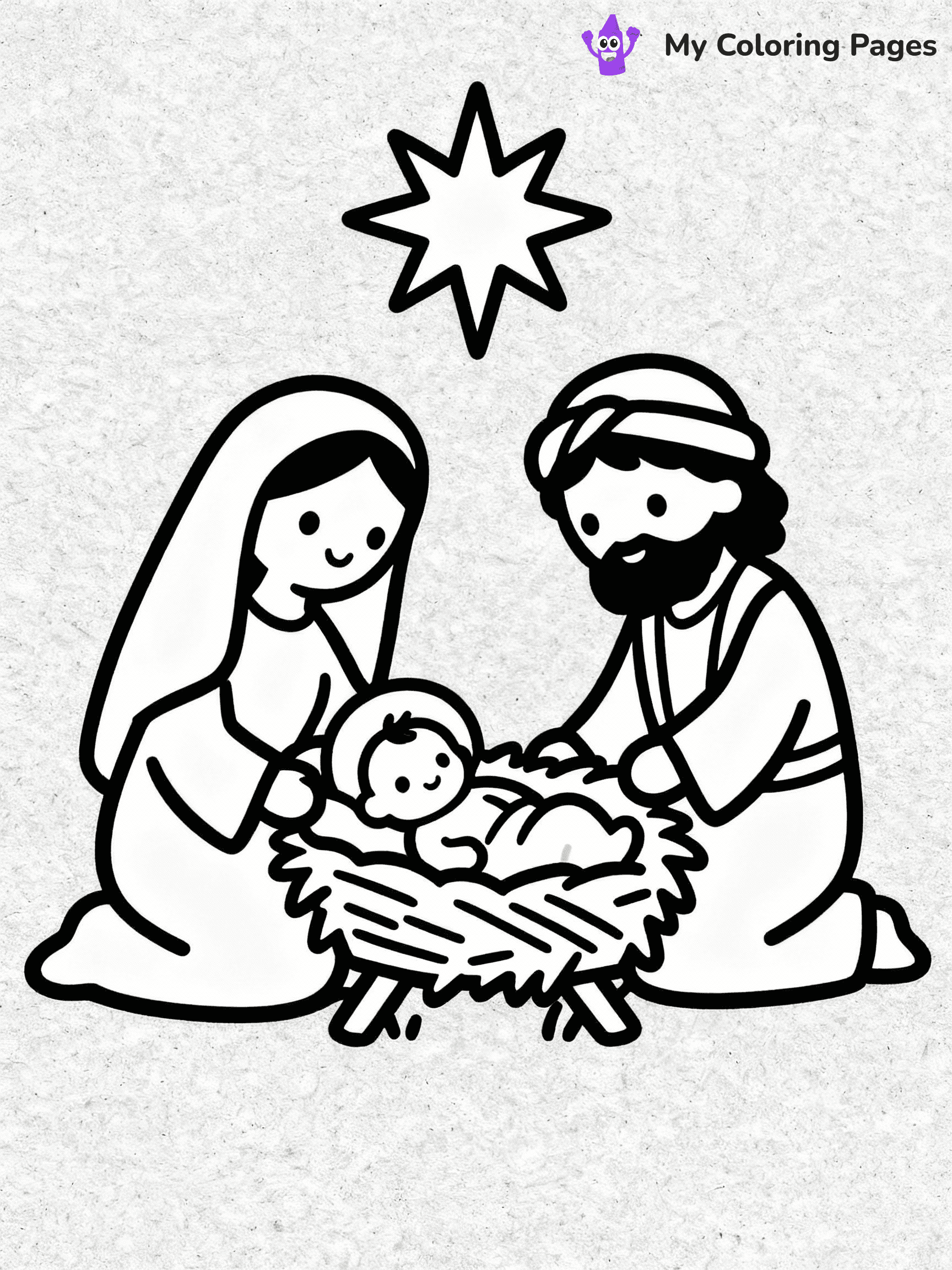 ⚠️ CRITICAL REQUIREMENT - ABSOLUTE BLACK AND WHITE ONLY ⚠️
This MUST be a BLACK AND WHITE line drawing ONLY. NO COLORS whatsoever.
- ONLY pure black lines (#000000) on pure white background (#FFFFFF)
- ABSOLUTELY NO colors, NO shading, NO gradients, NO grayscale
- If there are ANY colors in the output, the image is REJECTED
- This is a COLORING PAGE - meant to be COLORED IN by children
- The output must be UNCOLORED line art ready for coloring
⚠️ SUBJECT TO DRAW: Jesus' birth in the manger, surrounded by Mary and Joseph, in traditional Biblical art style, star shining overhead.
(REMEMBER: Output must be BLACK AND WHITE line art only, NOT colored!)
# COLORING PAGE: BLACK OUTLINES ONLY - WHITE BACKGROUND MANDATORY
Create a **coloring book page** using EXACTLY two values: black lines, white space.
## NON-NEGOTIABLE BINARY RULES
- **ONLY #000000 (black) and #FFFFFF (white)** - NO other values exist
- **EVERY PIXEL = BLACK OR WHITE** - no gray/shading/antialiasing
- **WHITE BACKGROUND MANDATORY** - entire canvas stays white
- **ALL SHAPES HOLLOW** - everything is empty outlines waiting to be colored
- **FORBIDDEN:** fills, shading, gradients, patterns, textures, colors
- **NO SOLID REGIONS** - if it's not a thin line, it's wrong
## Universal Line Standards
- Black outlines ONLY - thin, uniform weight
- Every shape completely empty inside
- Closed contours suitable for coloring
- Simple flat illustration - zero depth/3D/realism
- **Style:** Whimsical Doodle Art Alley - rounded, friendly outlines (unless specified)
## Everything = Outline Only
- Characters/animals: hollow shapes
- Objects/clothing: empty contours
- Backgrounds/scenery: line work only
- Natural elements: outlined forms
- Dark/night areas: don't exist (use outlined symbols)
- Textures/patterns: convert to simple lines
## The Test
Can a child color EVERY white space with crayons? If any area is pre-filled/shaded/gray or colored in, it FAILS. Every shape must be waiting to receive color.
**FINAL OUTPUT**: Binary coloring page. Black lines define shapes. White spaces ready for coloring. Nothing else exists. No exceptions. Print-ready.
⚠️ FINAL REMINDER: Draw the subject "Jesus' birth in the manger, surrounded by Mary and Joseph, in traditional Biblical art style, star shining overhead." as BLACK AND WHITE line art. Zero colors in output.