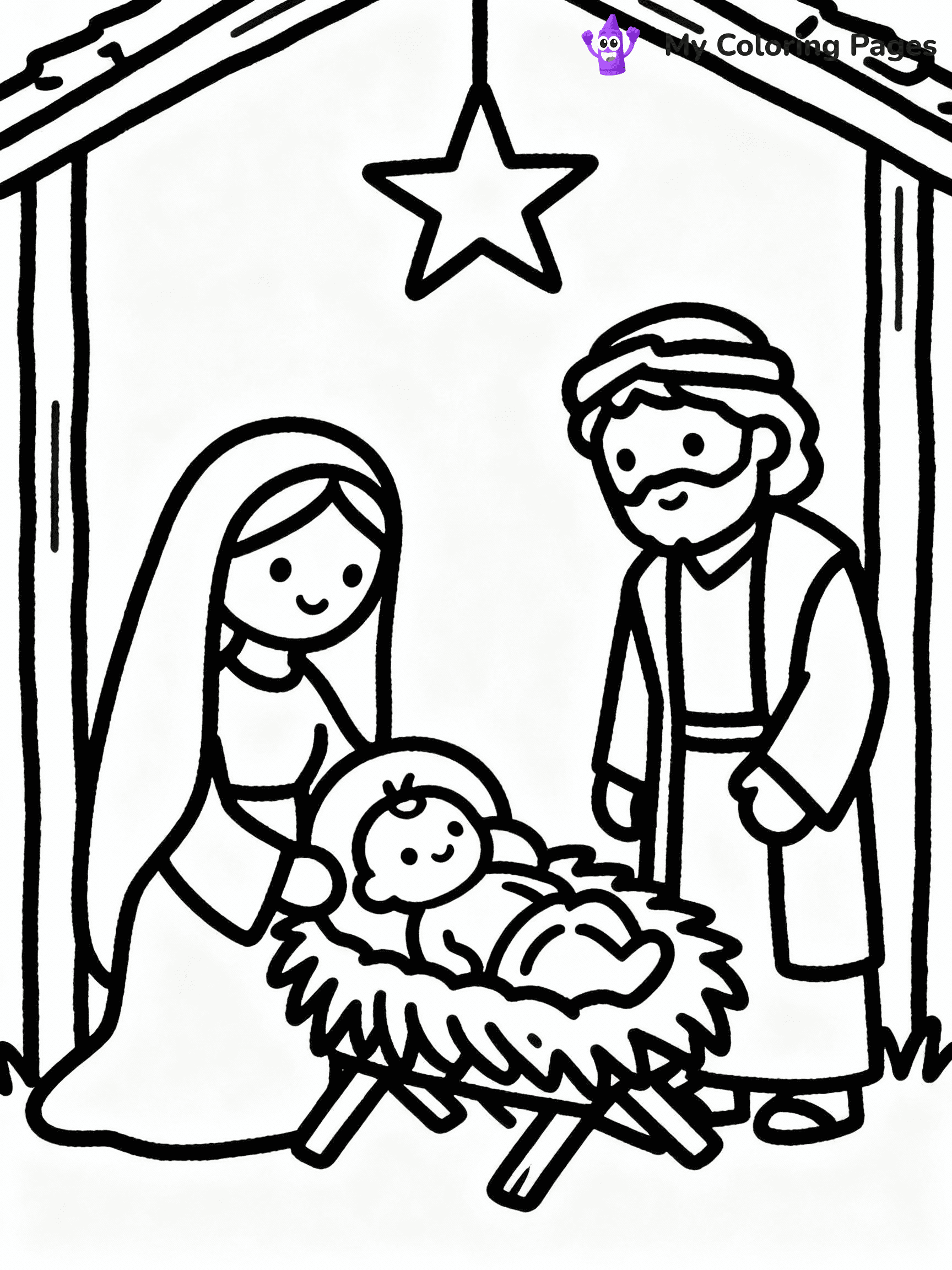 ⚠️ CRITICAL REQUIREMENT - ABSOLUTE BLACK AND WHITE ONLY ⚠️
This MUST be a BLACK AND WHITE line drawing ONLY. NO COLORS whatsoever.
- ONLY pure black lines (#000000) on pure white background (#FFFFFF)
- ABSOLUTELY NO colors, NO shading, NO gradients, NO grayscale
- If there are ANY colors in the output, the image is REJECTED
- This is a COLORING PAGE - meant to be COLORED IN by children
- The output must be UNCOLORED line art ready for coloring
⚠️ SUBJECT TO DRAW: Jesus' birth in the manger, surrounded by Mary and Joseph, in traditional Biblical art style, star shining overhead.
(REMEMBER: Output must be BLACK AND WHITE line art only, NOT colored!)
# COLORING PAGE: BLACK OUTLINES ONLY - WHITE BACKGROUND MANDATORY
Create a **coloring book page** using EXACTLY two values: black lines, white space.
## NON-NEGOTIABLE BINARY RULES
- **ONLY #000000 (black) and #FFFFFF (white)** - NO other values exist
- **EVERY PIXEL = BLACK OR WHITE** - no gray/shading/antialiasing
- **WHITE BACKGROUND MANDATORY** - entire canvas stays white
- **ALL SHAPES HOLLOW** - everything is empty outlines waiting to be colored
- **FORBIDDEN:** fills, shading, gradients, patterns, textures, colors
- **NO SOLID REGIONS** - if it's not a thin line, it's wrong
## Universal Line Standards
- Black outlines ONLY - thin, uniform weight
- Every shape completely empty inside
- Closed contours suitable for coloring
- Simple flat illustration - zero depth/3D/realism
- **Style:** Whimsical Doodle Art Alley - rounded, friendly outlines (unless specified)
## Everything = Outline Only
- Characters/animals: hollow shapes
- Objects/clothing: empty contours
- Backgrounds/scenery: line work only
- Natural elements: outlined forms
- Dark/night areas: don't exist (use outlined symbols)
- Textures/patterns: convert to simple lines
## The Test
Can a child color EVERY white space with crayons? If any area is pre-filled/shaded/gray or colored in, it FAILS. Every shape must be waiting to receive color.
**FINAL OUTPUT**: Binary coloring page. Black lines define shapes. White spaces ready for coloring. Nothing else exists. No exceptions. Print-ready.
⚠️ FINAL REMINDER: Draw the subject "Jesus' birth in the manger, surrounded by Mary and Joseph, in traditional Biblical art style, star shining overhead." as BLACK AND WHITE line art. Zero colors in output.