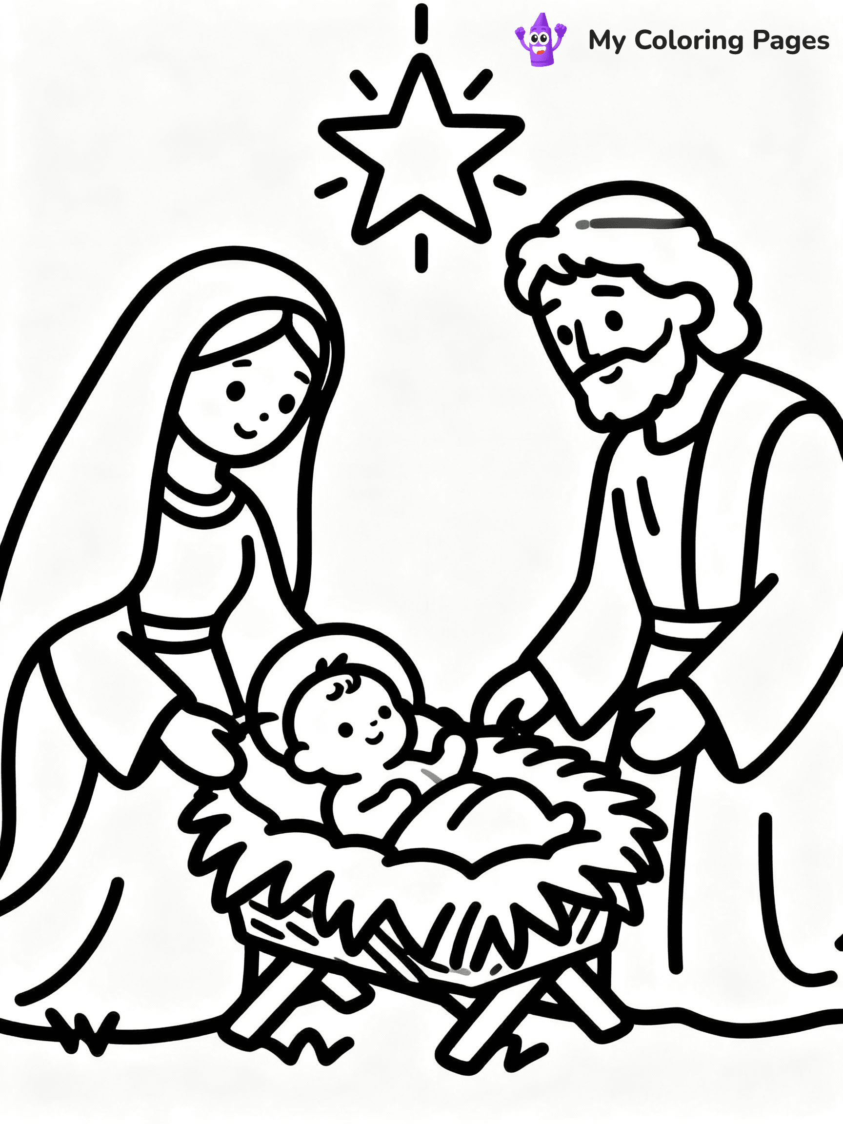 ⚠️ CRITICAL REQUIREMENT - ABSOLUTE BLACK AND WHITE ONLY ⚠️
This MUST be a BLACK AND WHITE line drawing ONLY. NO COLORS whatsoever.
- ONLY pure black lines (#000000) on pure white background (#FFFFFF)
- ABSOLUTELY NO colors, NO shading, NO gradients, NO grayscale
- If there are ANY colors in the output, the image is REJECTED
- This is a COLORING PAGE - meant to be COLORED IN by children
- The output must be UNCOLORED line art ready for coloring
⚠️ SUBJECT TO DRAW: Jesus' birth in the manger, surrounded by Mary and Joseph, in traditional Biblical art style, star shining overhead.
(REMEMBER: Output must be BLACK AND WHITE line art only, NOT colored!)
# COLORING PAGE: BLACK OUTLINES ONLY - WHITE BACKGROUND MANDATORY
Create a **coloring book page** using EXACTLY two values: black lines, white space.
## NON-NEGOTIABLE BINARY RULES
- **ONLY #000000 (black) and #FFFFFF (white)** - NO other values exist
- **EVERY PIXEL = BLACK OR WHITE** - no gray/shading/antialiasing
- **WHITE BACKGROUND MANDATORY** - entire canvas stays white
- **ALL SHAPES HOLLOW** - everything is empty outlines waiting to be colored
- **FORBIDDEN:** fills, shading, gradients, patterns, textures, colors
- **NO SOLID REGIONS** - if it's not a thin line, it's wrong
## Universal Line Standards
- Black outlines ONLY - thin, uniform weight
- Every shape completely empty inside
- Closed contours suitable for coloring
- Simple flat illustration - zero depth/3D/realism
- **Style:** Whimsical Doodle Art Alley - rounded, friendly outlines (unless specified)
## Everything = Outline Only
- Characters/animals: hollow shapes
- Objects/clothing: empty contours
- Backgrounds/scenery: line work only
- Natural elements: outlined forms
- Dark/night areas: don't exist (use outlined symbols)
- Textures/patterns: convert to simple lines
## The Test
Can a child color EVERY white space with crayons? If any area is pre-filled/shaded/gray or colored in, it FAILS. Every shape must be waiting to receive color.
**FINAL OUTPUT**: Binary coloring page. Black lines define shapes. White spaces ready for coloring. Nothing else exists. No exceptions. Print-ready.
⚠️ FINAL REMINDER: Draw the subject "Jesus' birth in the manger, surrounded by Mary and Joseph, in traditional Biblical art style, star shining overhead." as BLACK AND WHITE line art. Zero colors in output.