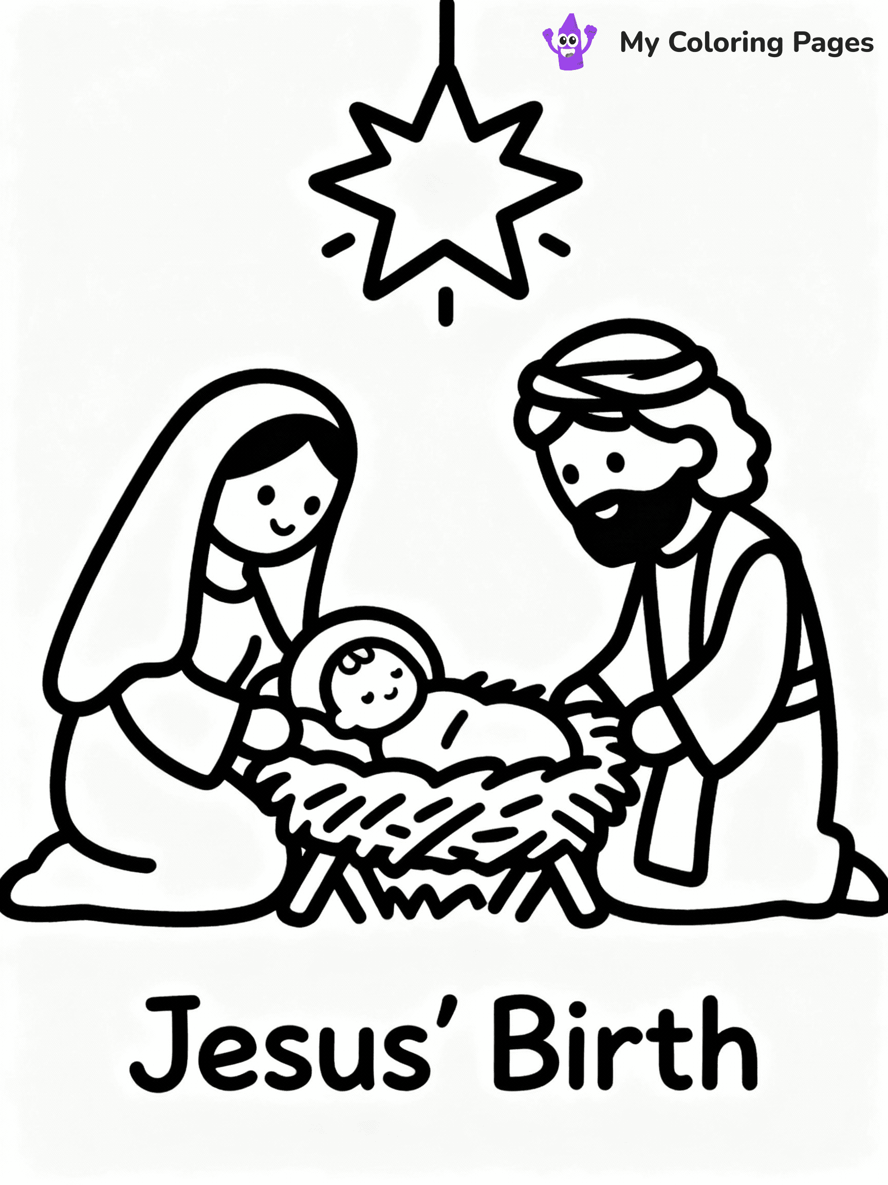 ⚠️ CRITICAL REQUIREMENT - ABSOLUTE BLACK AND WHITE ONLY ⚠️
This MUST be a BLACK AND WHITE line drawing ONLY. NO COLORS whatsoever.
- ONLY pure black lines (#000000) on pure white background (#FFFFFF)
- ABSOLUTELY NO colors, NO shading, NO gradients, NO grayscale
- If there are ANY colors in the output, the image is REJECTED
- This is a COLORING PAGE - meant to be COLORED IN by children
- The output must be UNCOLORED line art ready for coloring
⚠️ SUBJECT TO DRAW: Jesus' birth in the manger, surrounded by Mary and Joseph, in traditional Biblical art style, star shining overhead.
(REMEMBER: Output must be BLACK AND WHITE line art only, NOT colored!)
# COLORING PAGE: BLACK OUTLINES ONLY - WHITE BACKGROUND MANDATORY
Create a **coloring book page** using EXACTLY two values: black lines, white space.
## NON-NEGOTIABLE BINARY RULES
- **ONLY #000000 (black) and #FFFFFF (white)** - NO other values exist
- **EVERY PIXEL = BLACK OR WHITE** - no gray/shading/antialiasing
- **WHITE BACKGROUND MANDATORY** - entire canvas stays white
- **ALL SHAPES HOLLOW** - everything is empty outlines waiting to be colored
- **FORBIDDEN:** fills, shading, gradients, patterns, textures, colors
- **NO SOLID REGIONS** - if it's not a thin line, it's wrong
## Universal Line Standards
- Black outlines ONLY - thin, uniform weight
- Every shape completely empty inside
- Closed contours suitable for coloring
- Simple flat illustration - zero depth/3D/realism
- **Style:** Whimsical Doodle Art Alley - rounded, friendly outlines (unless specified)
## Everything = Outline Only
- Characters/animals: hollow shapes
- Objects/clothing: empty contours
- Backgrounds/scenery: line work only
- Natural elements: outlined forms
- Dark/night areas: don't exist (use outlined symbols)
- Textures/patterns: convert to simple lines
## The Test
Can a child color EVERY white space with crayons? If any area is pre-filled/shaded/gray or colored in, it FAILS. Every shape must be waiting to receive color.
**FINAL OUTPUT**: Binary coloring page. Black lines define shapes. White spaces ready for coloring. Nothing else exists. No exceptions. Print-ready.
⚠️ FINAL REMINDER: Draw the subject "Jesus' birth in the manger, surrounded by Mary and Joseph, in traditional Biblical art style, star shining overhead." as BLACK AND WHITE line art. Zero colors in output.