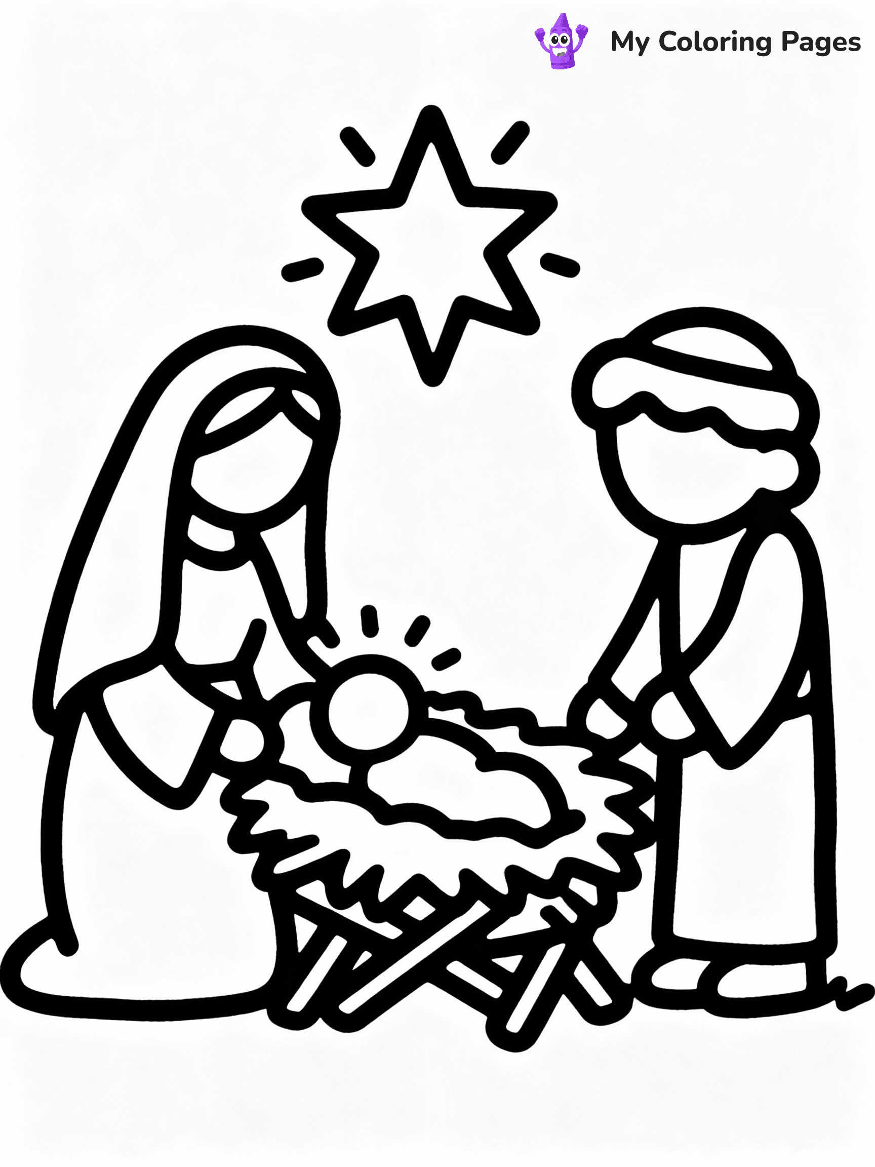 ⚠️ CRITICAL REQUIREMENT - ABSOLUTE BLACK AND WHITE ONLY ⚠️
This MUST be a BLACK AND WHITE line drawing ONLY. NO COLORS whatsoever.
- ONLY pure black lines (#000000) on pure white background (#FFFFFF)
- ABSOLUTELY NO colors, NO shading, NO gradients, NO grayscale
- If there are ANY colors in the output, the image is REJECTED
- This is a COLORING PAGE - meant to be COLORED IN by children
- The output must be UNCOLORED line art ready for coloring
⚠️ SUBJECT TO DRAW: Jesus' birth in the manger, surrounded by Mary and Joseph, in traditional Biblical art style, star shining overhead.
(REMEMBER: Output must be BLACK AND WHITE line art only, NOT colored!)
# COLORING PAGE: BLACK OUTLINES ONLY - WHITE BACKGROUND MANDATORY
Create a **coloring book page** using EXACTLY two values: black lines, white space.
## NON-NEGOTIABLE BINARY RULES
- **ONLY #000000 (black) and #FFFFFF (white)** - NO other values exist
- **EVERY PIXEL = BLACK OR WHITE** - no gray/shading/antialiasing
- **WHITE BACKGROUND MANDATORY** - entire canvas stays white
- **ALL SHAPES HOLLOW** - everything is empty outlines waiting to be colored
- **FORBIDDEN:** fills, shading, gradients, patterns, textures, colors
- **NO SOLID REGIONS** - if it's not a thin line, it's wrong
## Universal Line Standards
- Black outlines ONLY - thin, uniform weight
- Every shape completely empty inside
- Closed contours suitable for coloring
- Simple flat illustration - zero depth/3D/realism
- **Style:** Whimsical Doodle Art Alley - rounded, friendly outlines (unless specified)
## Everything = Outline Only
- Characters/animals: hollow shapes
- Objects/clothing: empty contours
- Backgrounds/scenery: line work only
- Natural elements: outlined forms
- Dark/night areas: don't exist (use outlined symbols)
- Textures/patterns: convert to simple lines
## The Test
Can a child color EVERY white space with crayons? If any area is pre-filled/shaded/gray or colored in, it FAILS. Every shape must be waiting to receive color.
**FINAL OUTPUT**: Binary coloring page. Black lines define shapes. White spaces ready for coloring. Nothing else exists. No exceptions. Print-ready.
⚠️ FINAL REMINDER: Draw the subject "Jesus' birth in the manger, surrounded by Mary and Joseph, in traditional Biblical art style, star shining overhead." as BLACK AND WHITE line art. Zero colors in output.