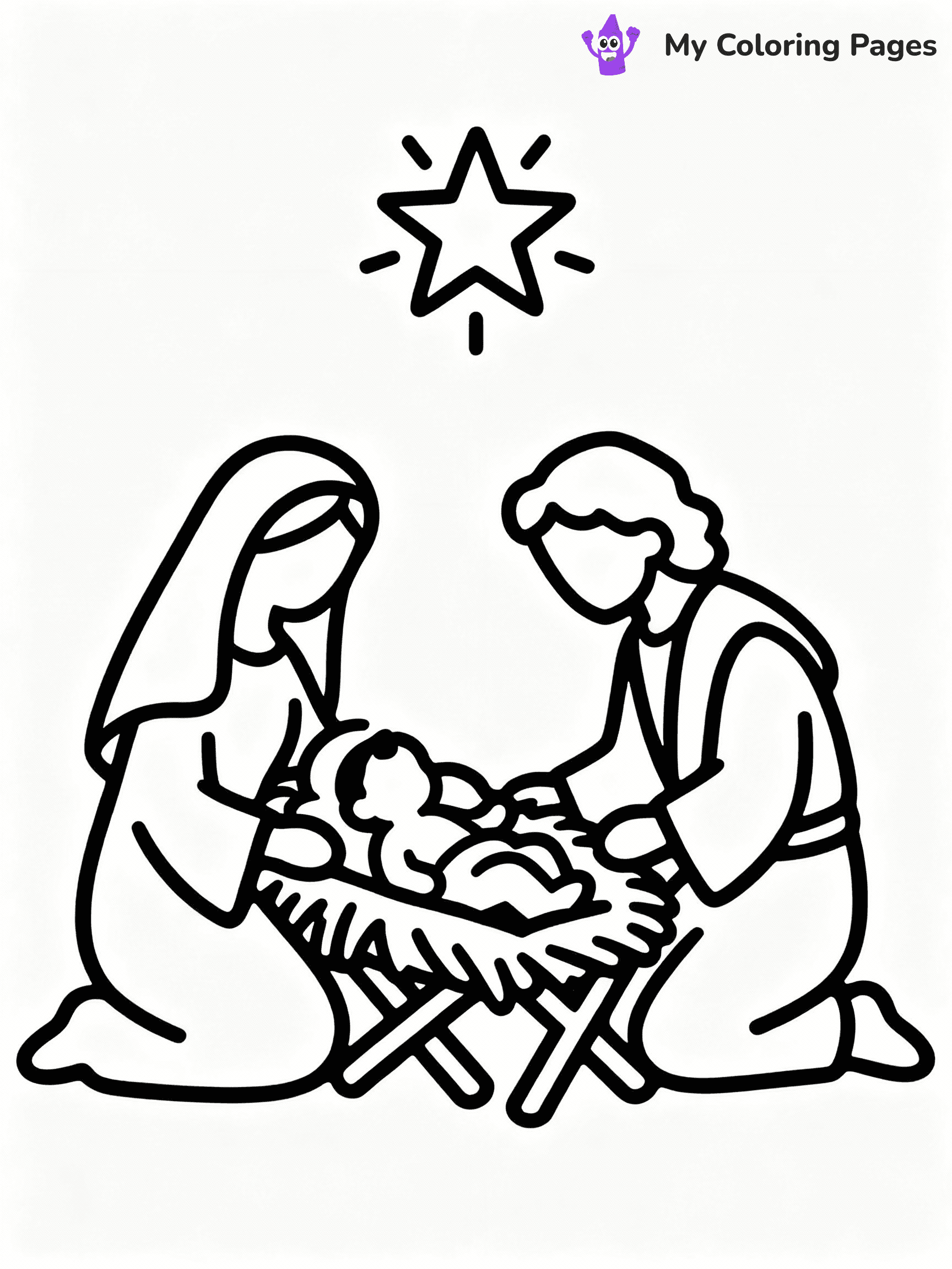 ⚠️ CRITICAL REQUIREMENT - ABSOLUTE BLACK AND WHITE ONLY ⚠️
This MUST be a BLACK AND WHITE line drawing ONLY. NO COLORS whatsoever.
- ONLY pure black lines (#000000) on pure white background (#FFFFFF)
- ABSOLUTELY NO colors, NO shading, NO gradients, NO grayscale
- If there are ANY colors in the output, the image is REJECTED
- This is a COLORING PAGE - meant to be COLORED IN by children
- The output must be UNCOLORED line art ready for coloring
⚠️ SUBJECT TO DRAW: Jesus' birth in the manger, surrounded by Mary and Joseph, in traditional Biblical art style, star shining overhead.
(REMEMBER: Output must be BLACK AND WHITE line art only, NOT colored!)
# COLORING PAGE: BLACK OUTLINES ONLY - WHITE BACKGROUND MANDATORY
Create a **coloring book page** using EXACTLY two values: black lines, white space.
## NON-NEGOTIABLE BINARY RULES
- **ONLY #000000 (black) and #FFFFFF (white)** - NO other values exist
- **EVERY PIXEL = BLACK OR WHITE** - no gray/shading/antialiasing
- **WHITE BACKGROUND MANDATORY** - entire canvas stays white
- **ALL SHAPES HOLLOW** - everything is empty outlines waiting to be colored
- **FORBIDDEN:** fills, shading, gradients, patterns, textures, colors
- **NO SOLID REGIONS** - if it's not a thin line, it's wrong
## Universal Line Standards
- Black outlines ONLY - thin, uniform weight
- Every shape completely empty inside
- Closed contours suitable for coloring
- Simple flat illustration - zero depth/3D/realism
- **Style:** Whimsical Doodle Art Alley - rounded, friendly outlines (unless specified)
## Everything = Outline Only
- Characters/animals: hollow shapes
- Objects/clothing: empty contours
- Backgrounds/scenery: line work only
- Natural elements: outlined forms
- Dark/night areas: don't exist (use outlined symbols)
- Textures/patterns: convert to simple lines
## The Test
Can a child color EVERY white space with crayons? If any area is pre-filled/shaded/gray or colored in, it FAILS. Every shape must be waiting to receive color.
**FINAL OUTPUT**: Binary coloring page. Black lines define shapes. White spaces ready for coloring. Nothing else exists. No exceptions. Print-ready.
⚠️ FINAL REMINDER: Draw the subject "Jesus' birth in the manger, surrounded by Mary and Joseph, in traditional Biblical art style, star shining overhead." as BLACK AND WHITE line art. Zero colors in output.